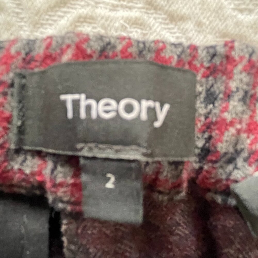 Theory Women's Red Grey Houndstooth Plaid Straight Leg Trousers Pants Size 2 - Picture 6 of 13